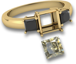 Anello in oro giallo con diamanti quadrati color champagne e pietre laterali in spinello nero