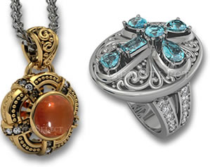 Ciondolo cabochon con granato spessartite in oro e anello con croce in argento e acquamarina