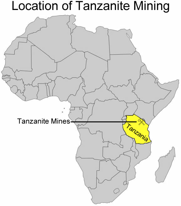 Una mappa dell'Africa che mostra la posizione delle miniere di tanzanite in Tanzania