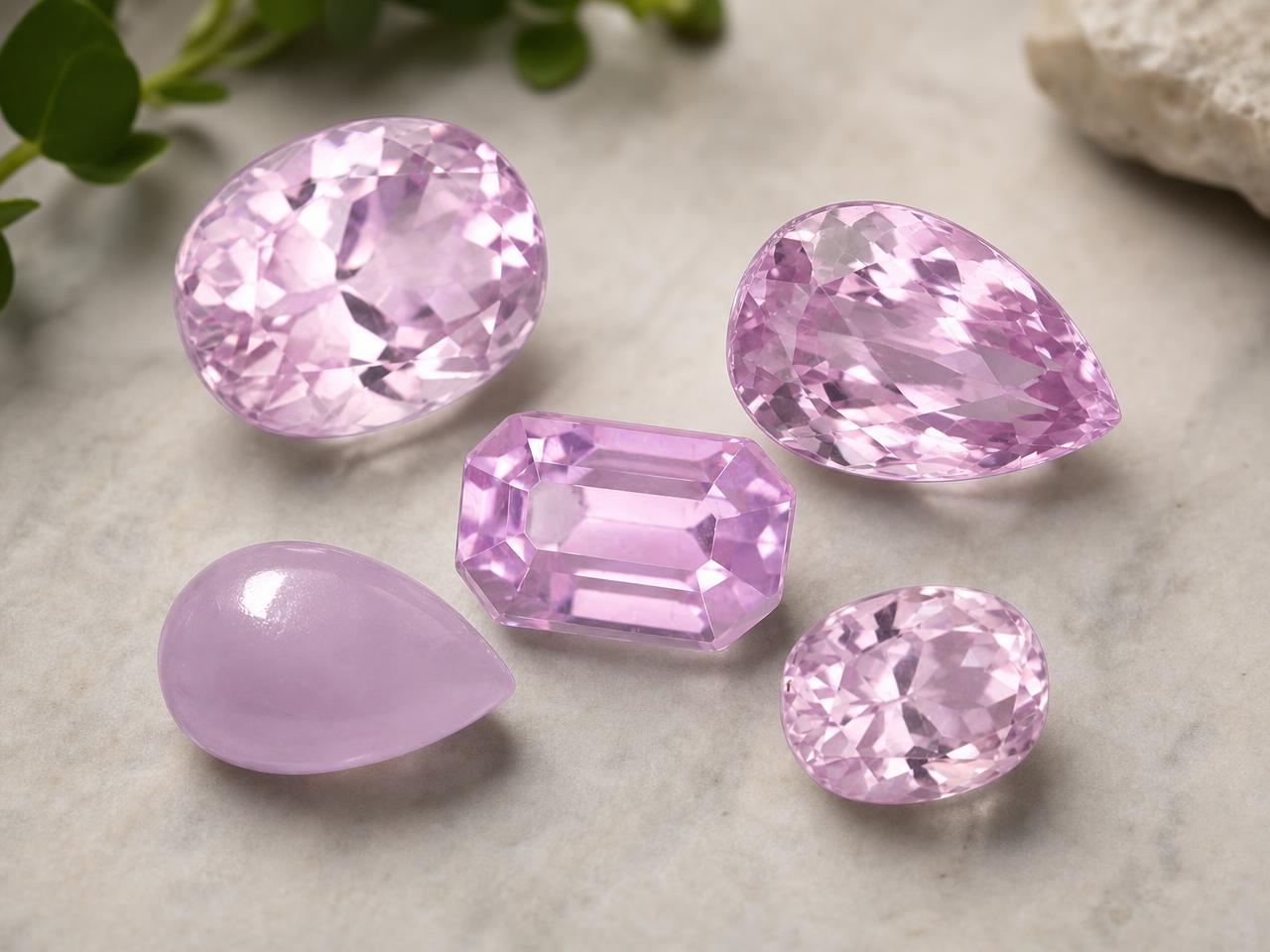 Gemme di kunzite afghana sfuse, nei toni del rosa e del lilla.