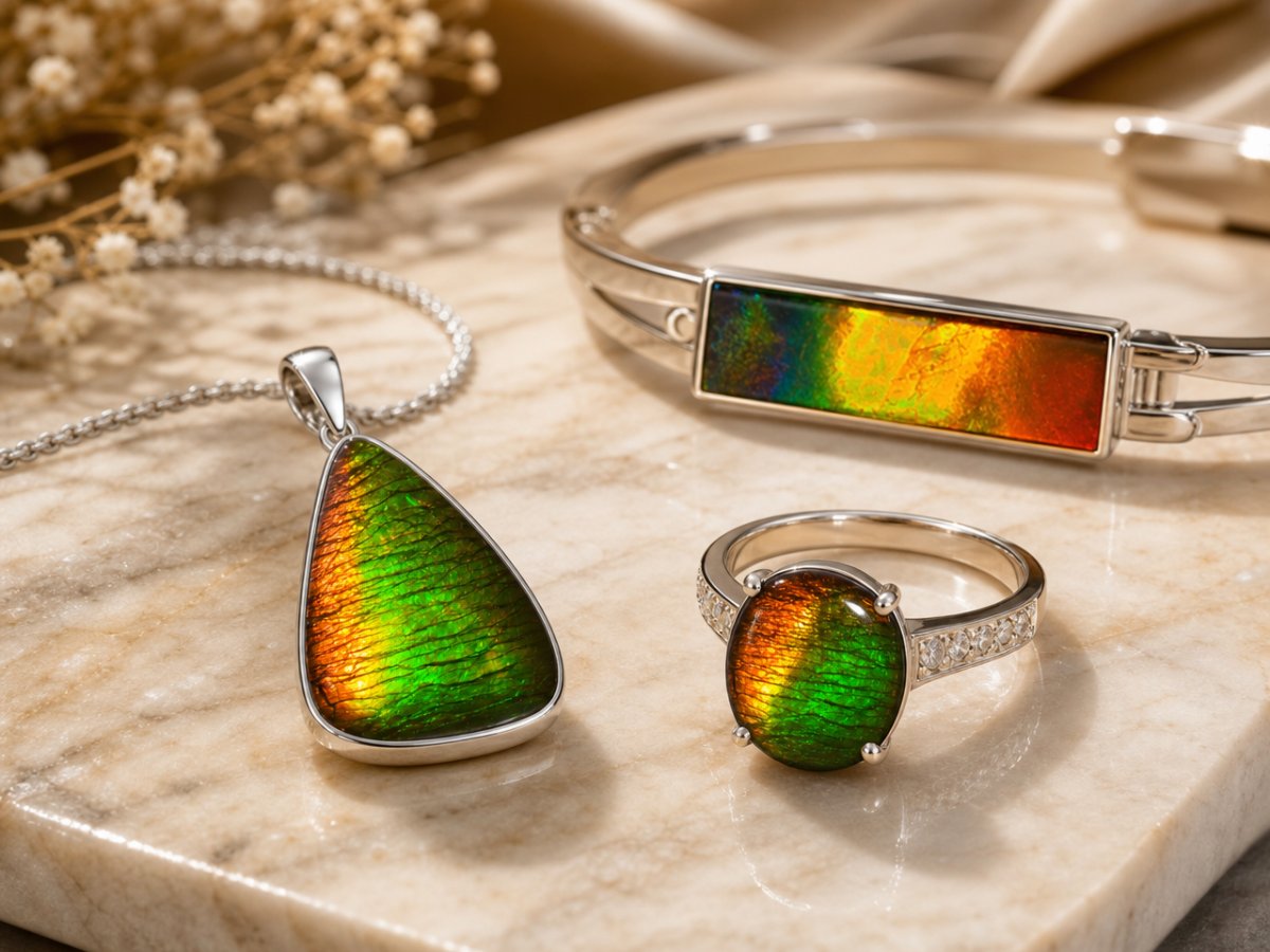 Gemme di ammolite mostrate in gioielli