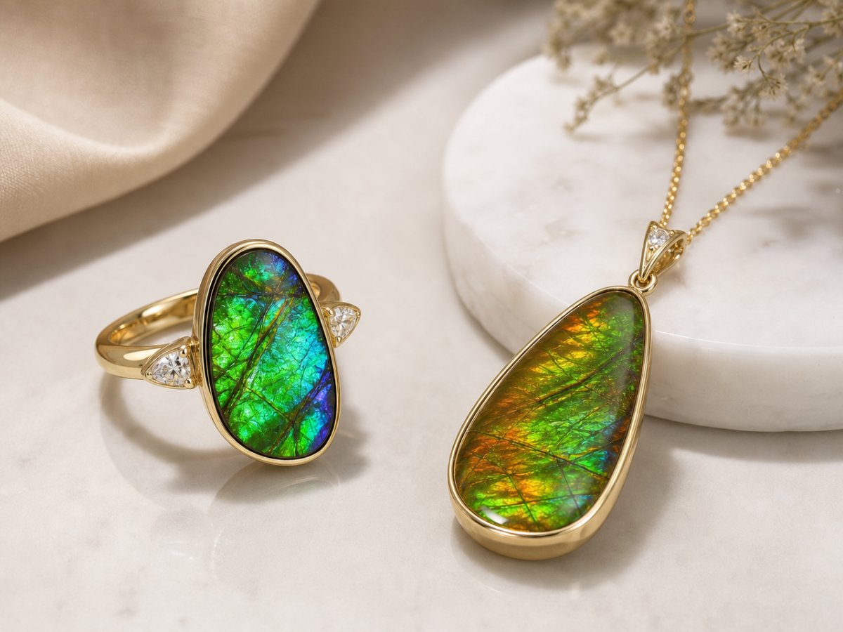 Gemme di ammolite mostrate in gioielli