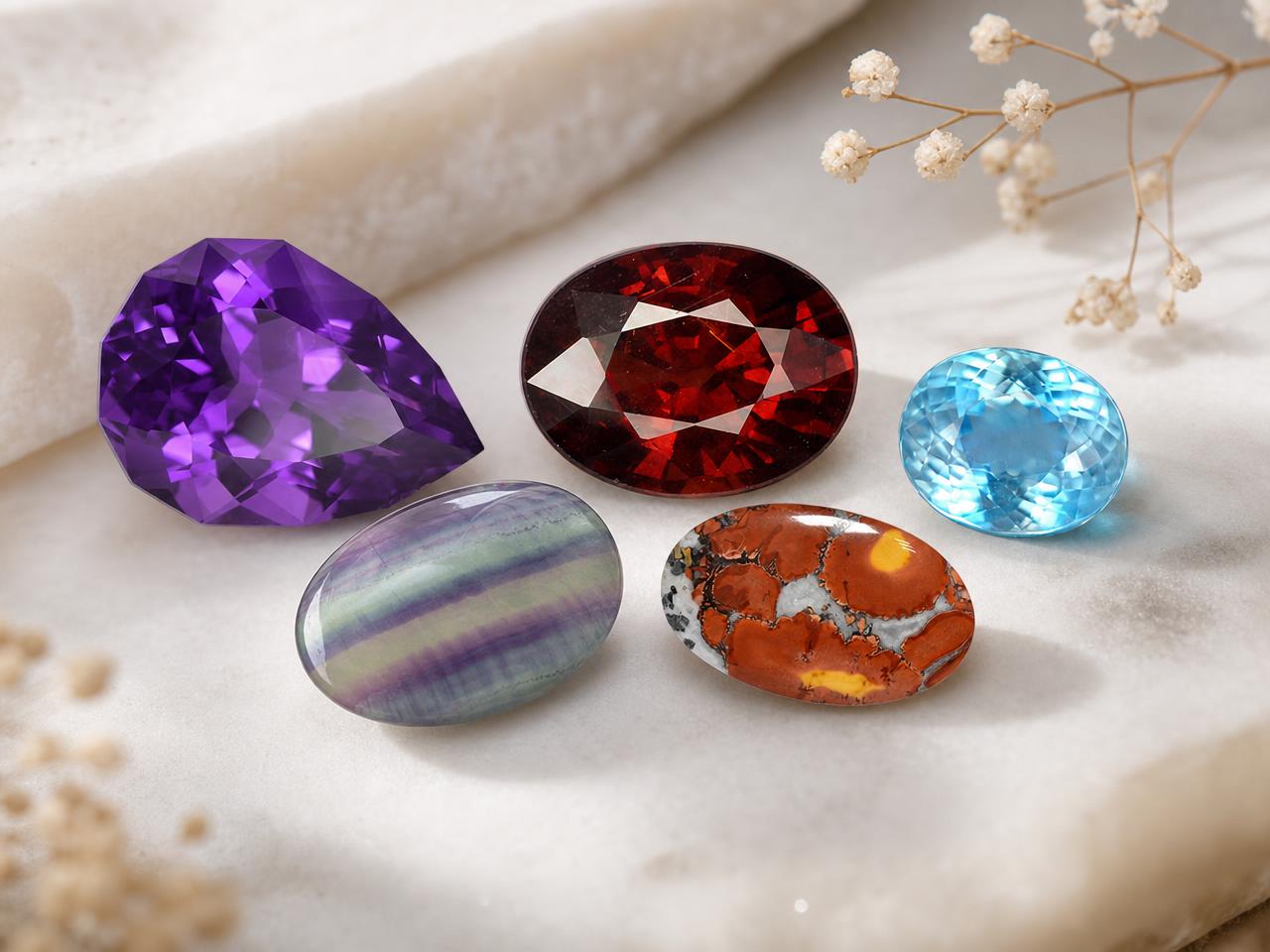 Pietre portafortuna sciolte del segno zodiacale dell'Acquario nei colori viola, rosso, blu e verde acqua.