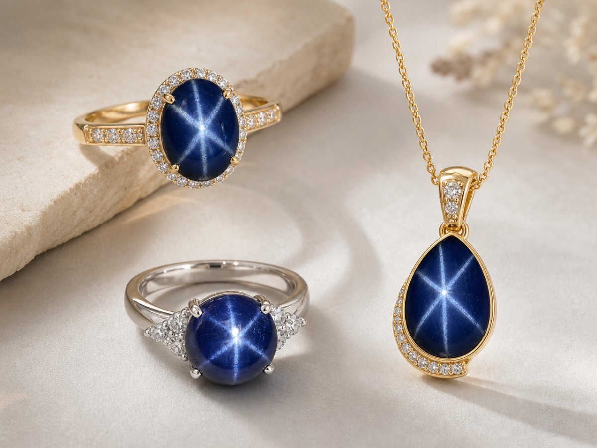 Gemme di zaffiro stellato blu mostrate in gioielli