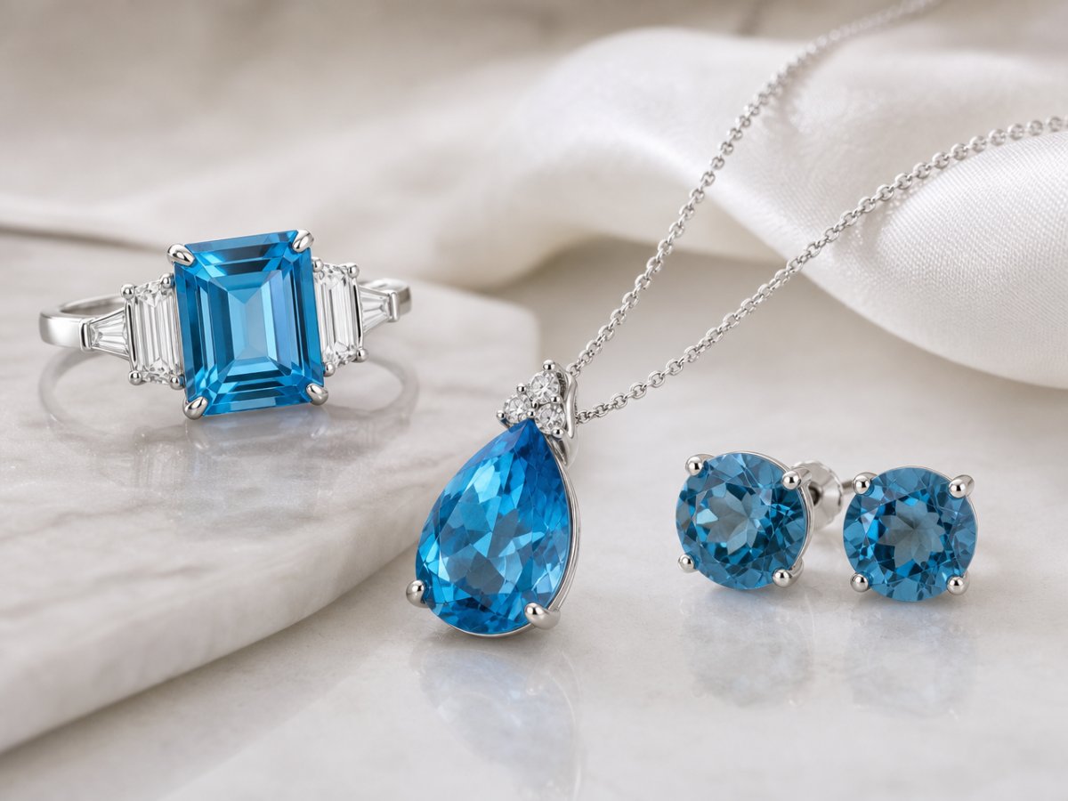 Gemme di topazio blu presentate in gioielli