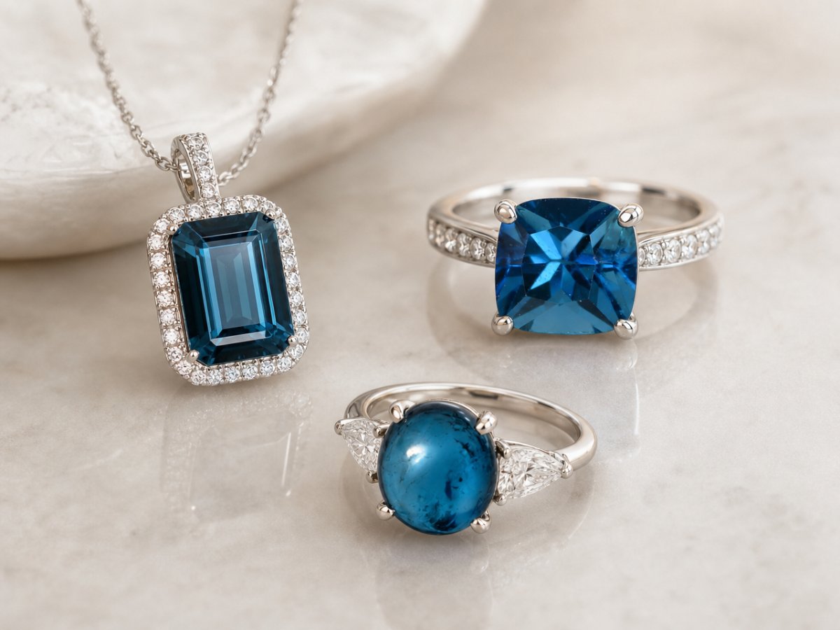 Gemme di tormalina blu presentate in gioielli