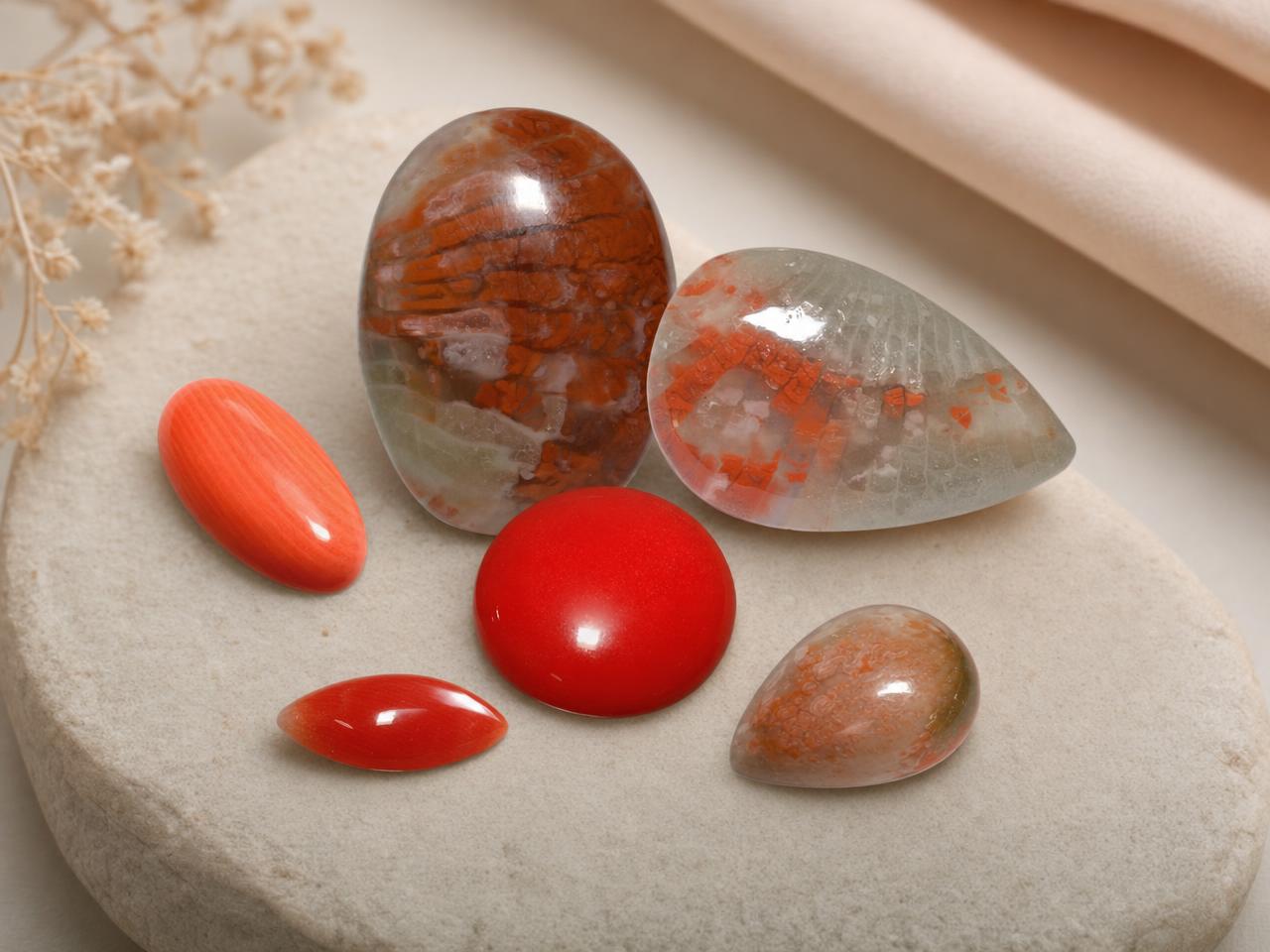 Gemme di corallo sciolte, tagliate a cabochon e con cupole lisce e lucidate.