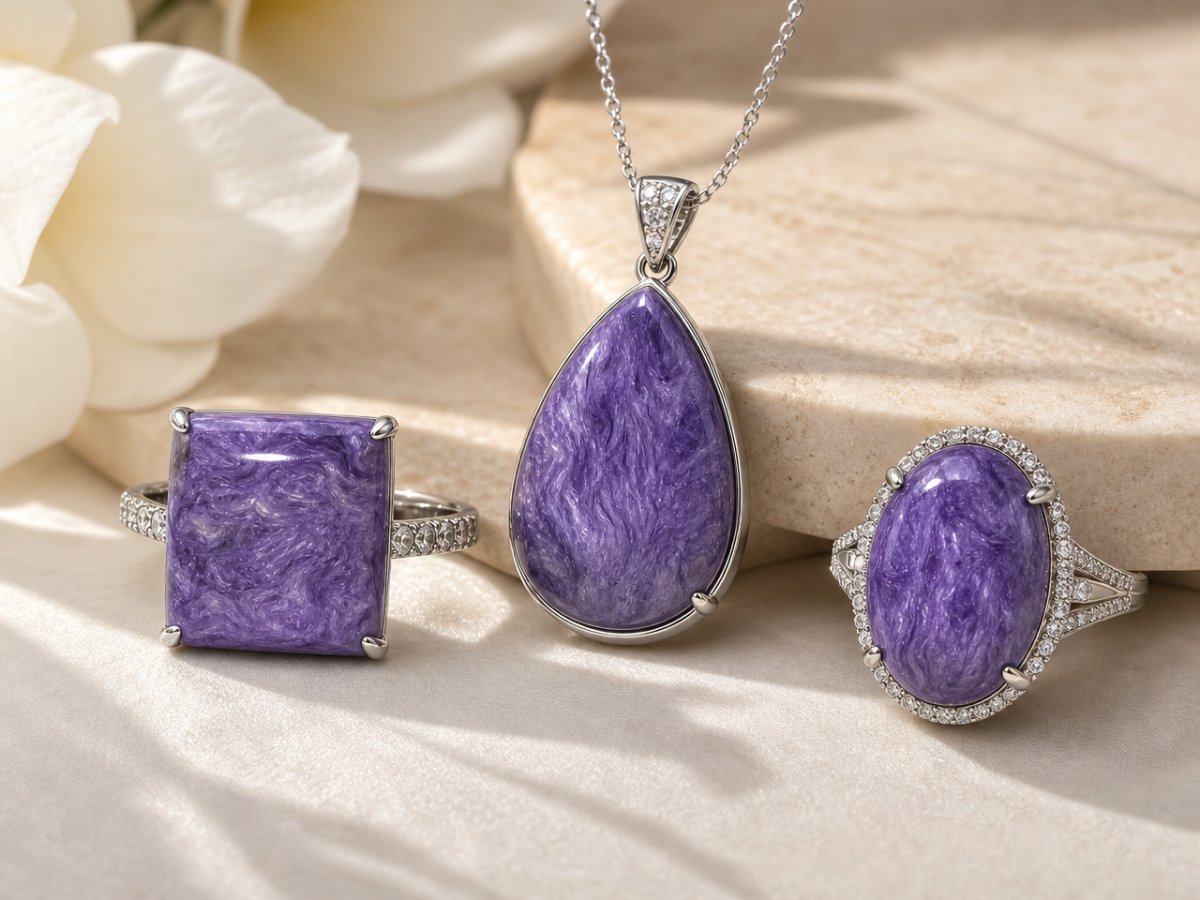 Pietre preziose di charoite mostrate in gioielli