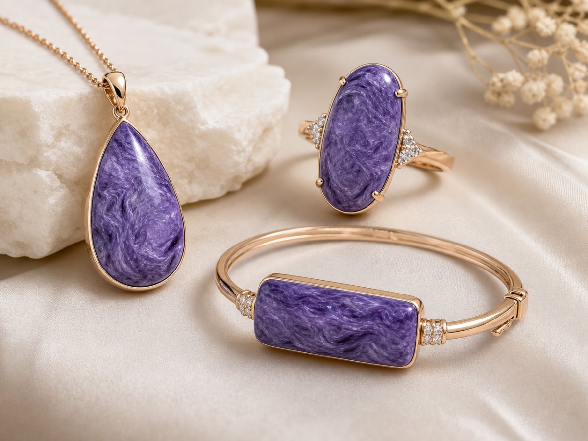 Pietre preziose di charoite mostrate in gioielli