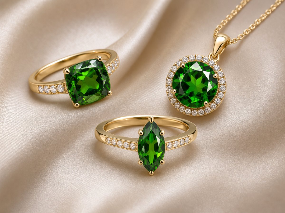Gemme di diopside cromifero mostrate in gioielli