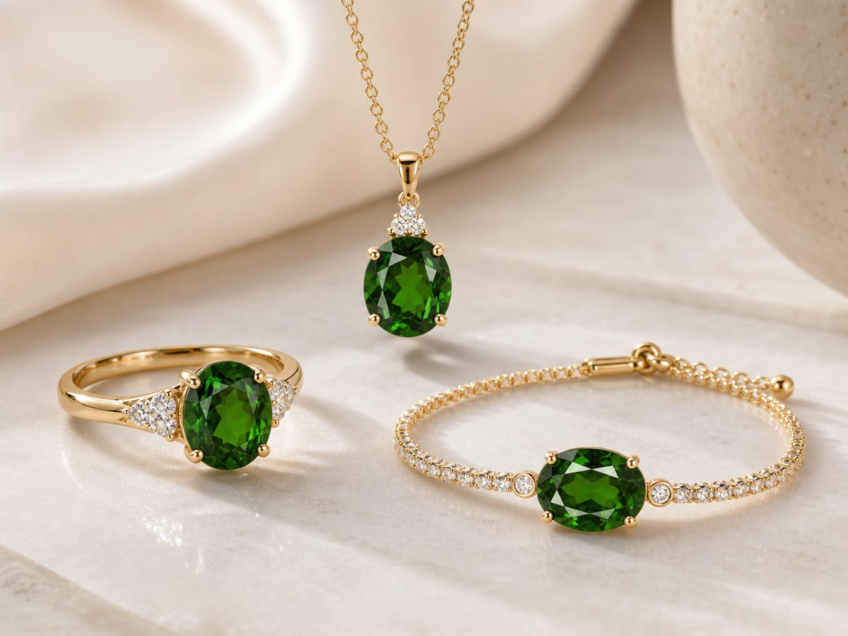 Gemme di diopside cromifero mostrate in gioielli