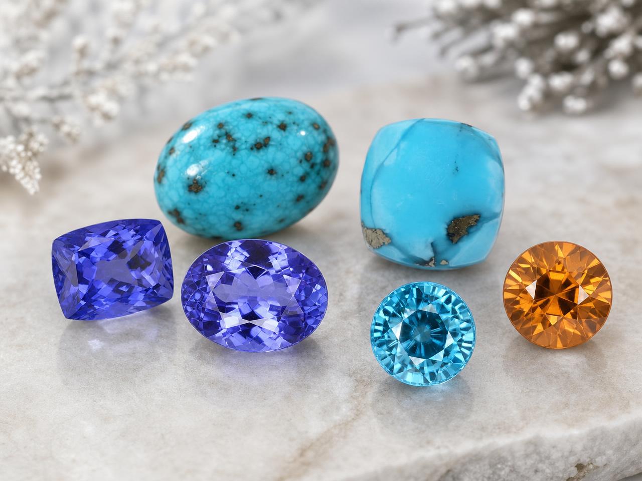 Pietre portafortuna di dicembre sfuse, tra cui turchese, tanzanite e zircone