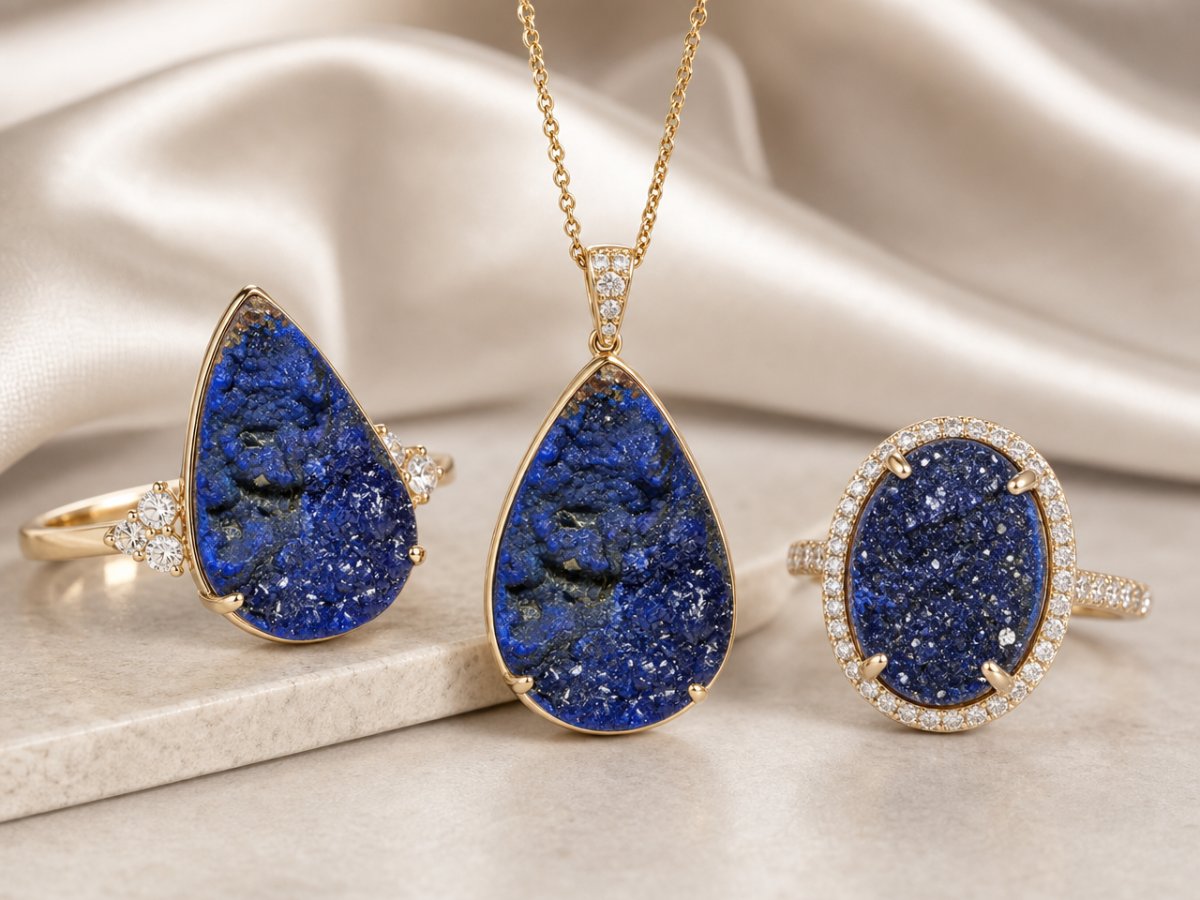 Gemme di azzurrite druzy incastonate in gioielli