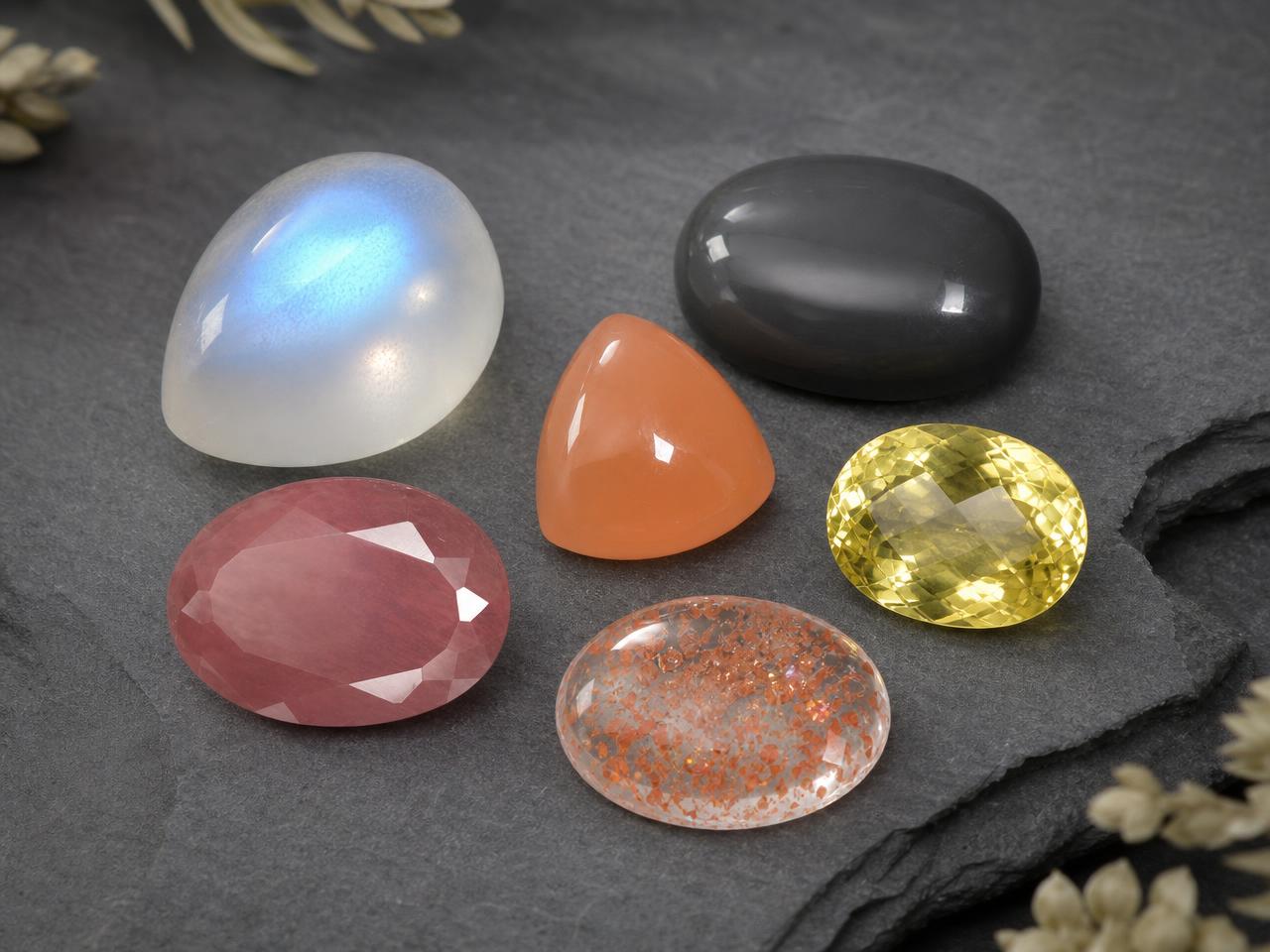 Assortimento di pietre preziose di feldspato sfuse, tra cui pietra di luna, labradorite e pietra del sole.