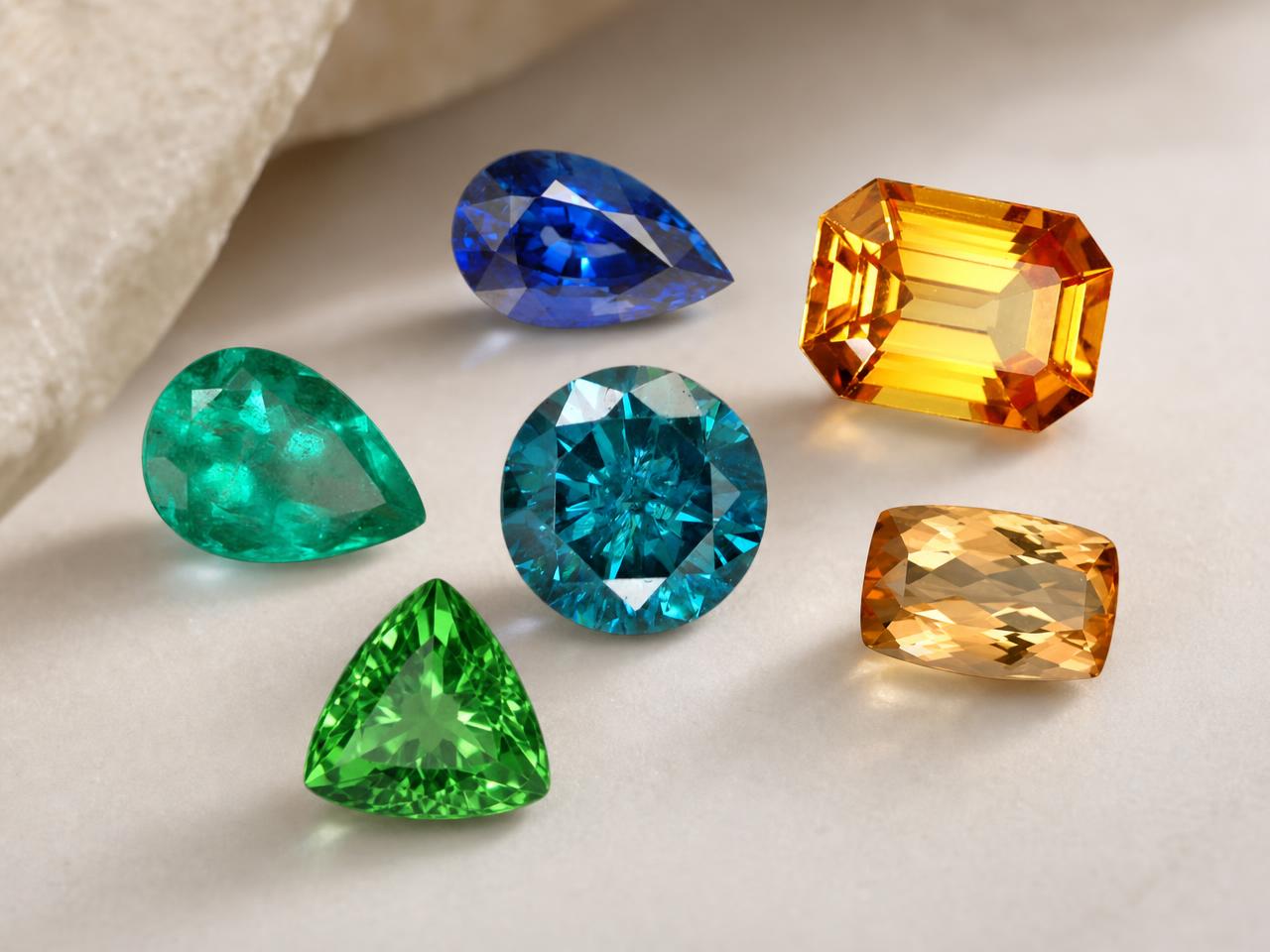 Pietre preziose naturali di lusso, sfuse, in vari colori tipici della gioielleria di alta qualità.