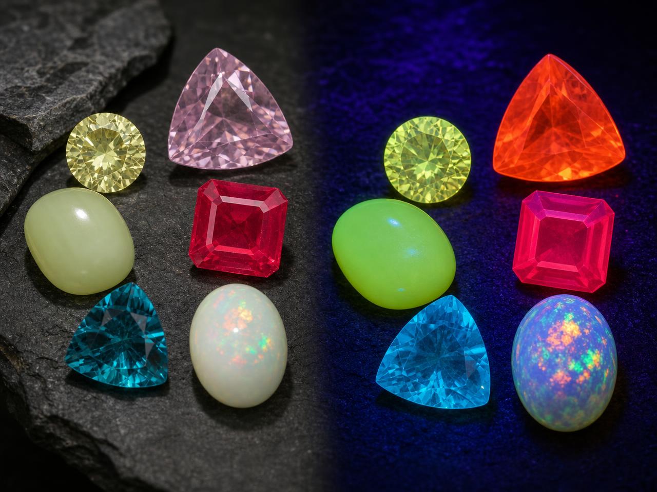 Gemme fluorescenti sfuse che si illuminano sotto la luce ultravioletta