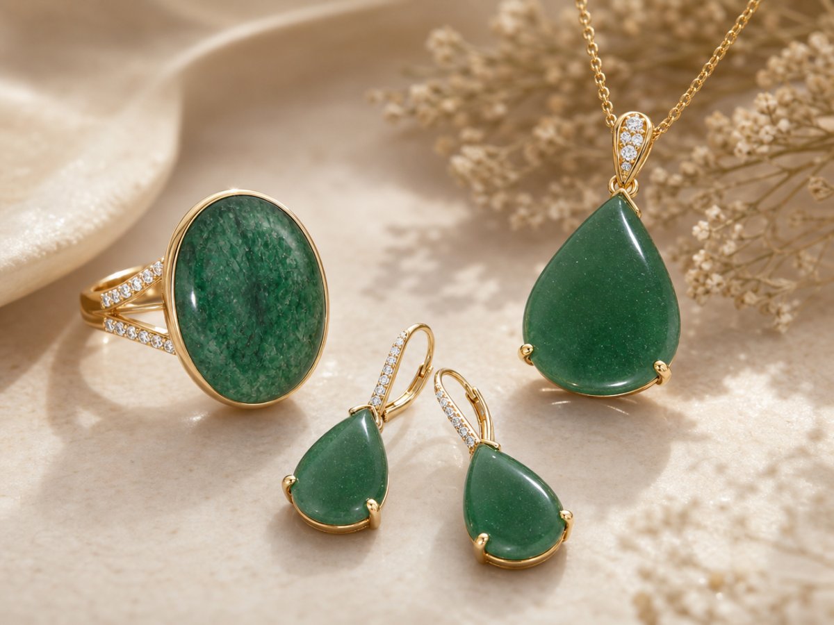 Gemme di avventurina verde mostrate in gioielli