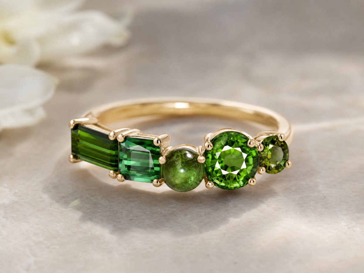 Gemme di tormalina verde mostrate in gioielli
