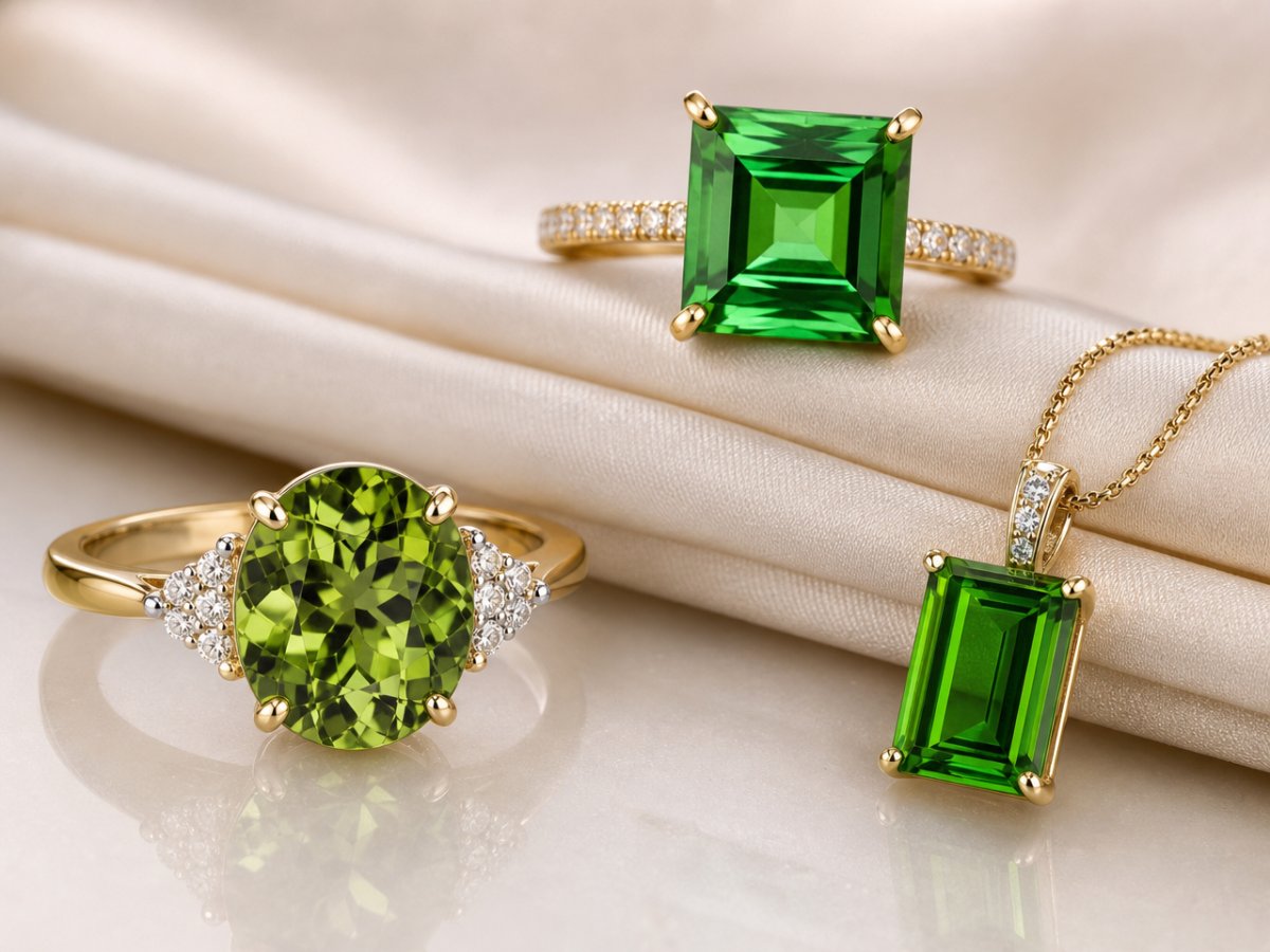 Gemme di tormalina verde mostrate in gioielli