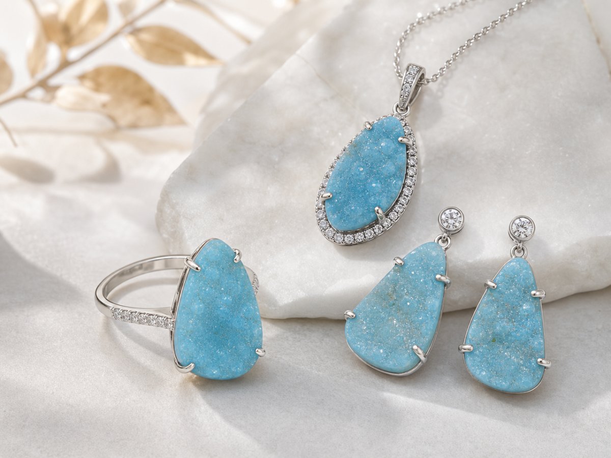 Gemme druzy di emimorfite mostrate in gioielli