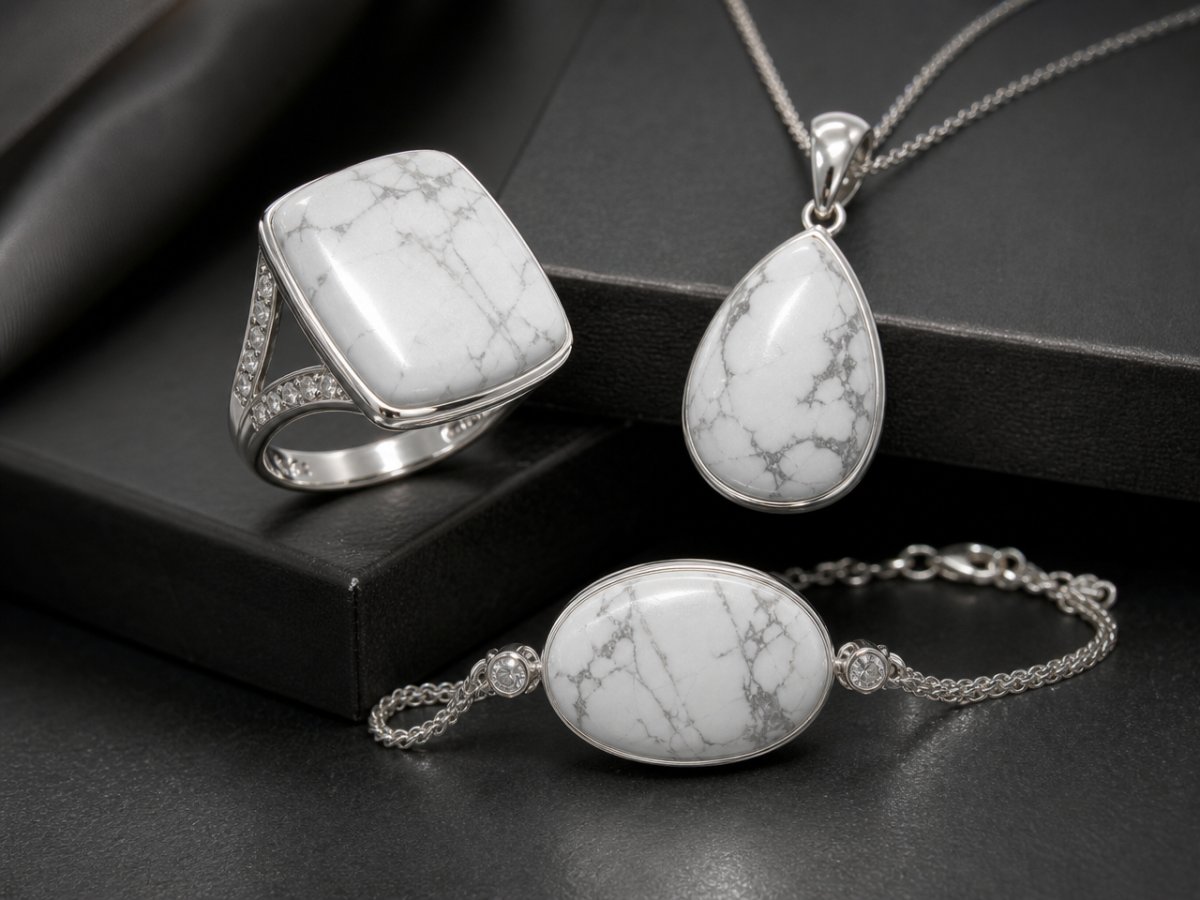 Gemme di howlite mostrate in gioielli