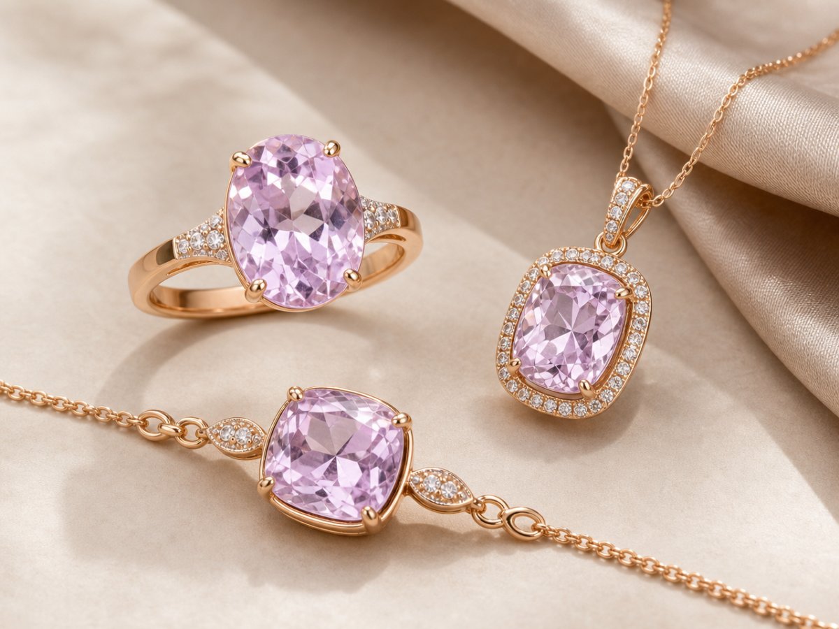 Gemme di kunzite mostrate in gioielli