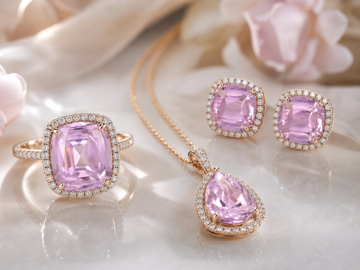 Gemme di kunzite mostrate in gioielli