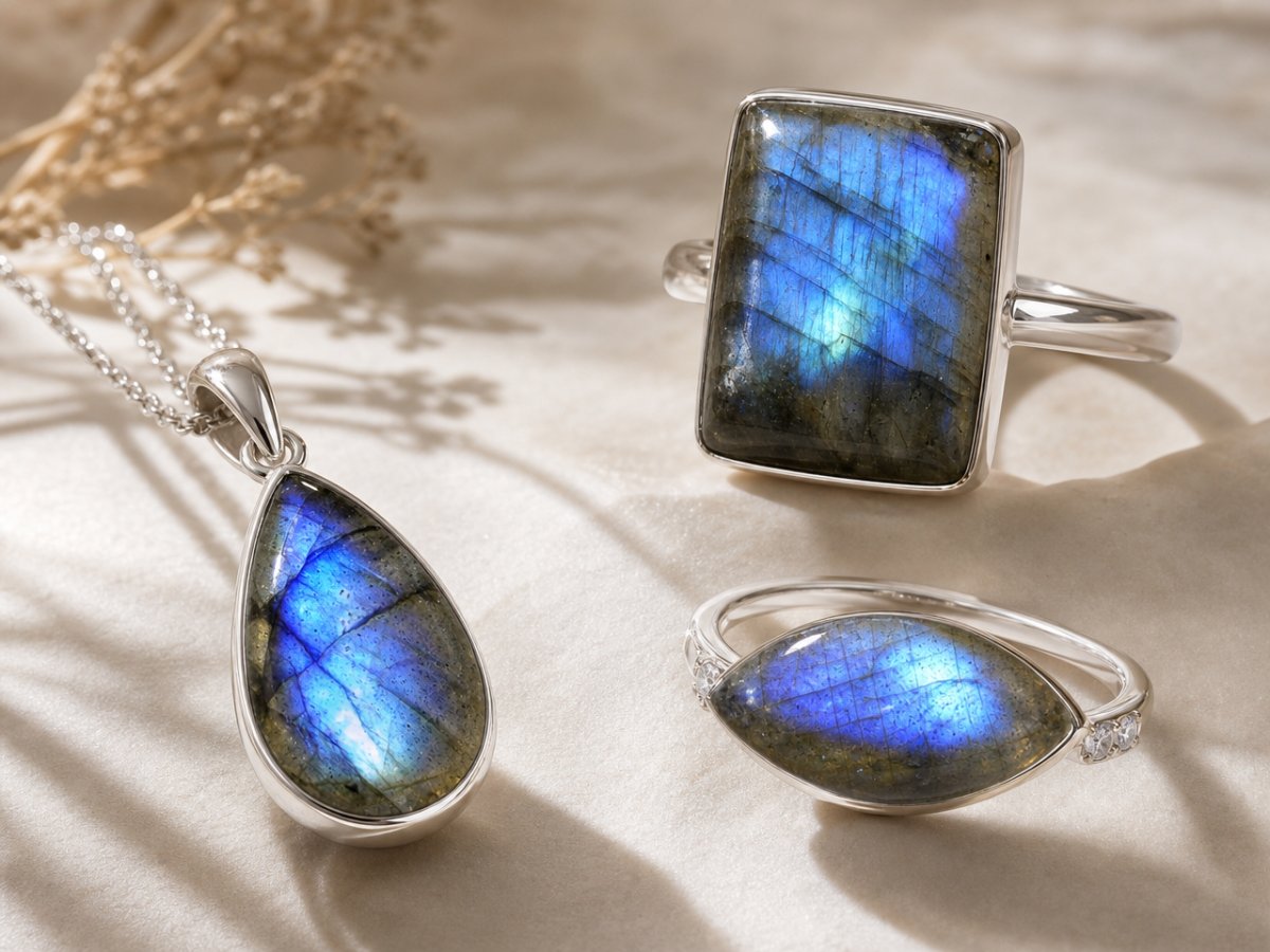 Gemme di labradorite mostrate in gioielli