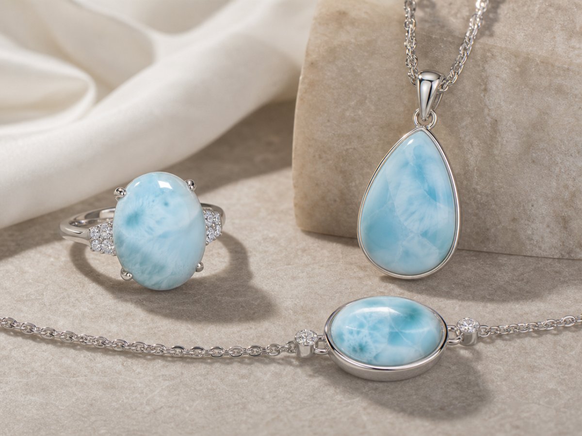 Gemme di larimar mostrate in gioielli