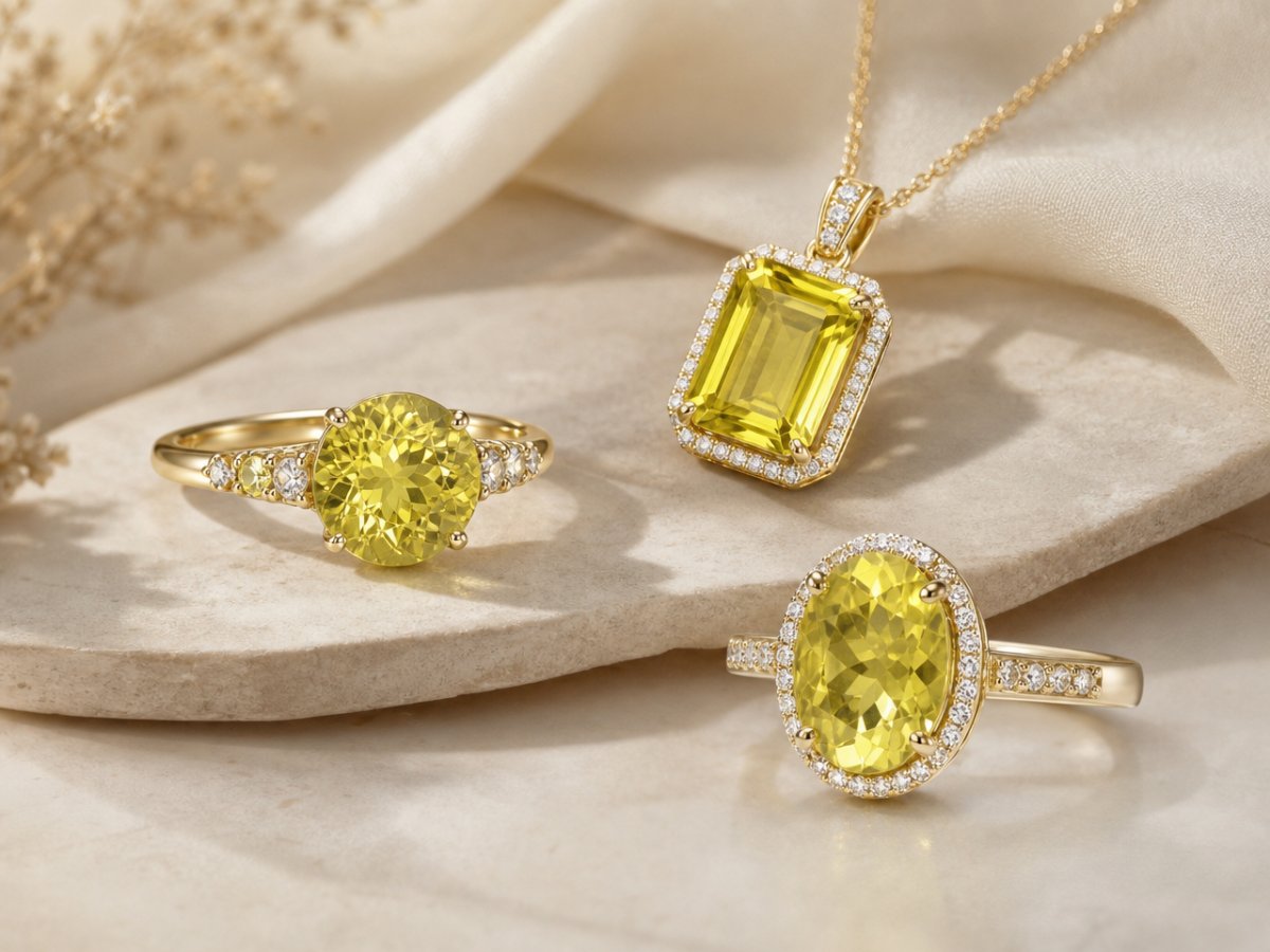 Pietre preziose di quarzo limone mostrate in gioielli