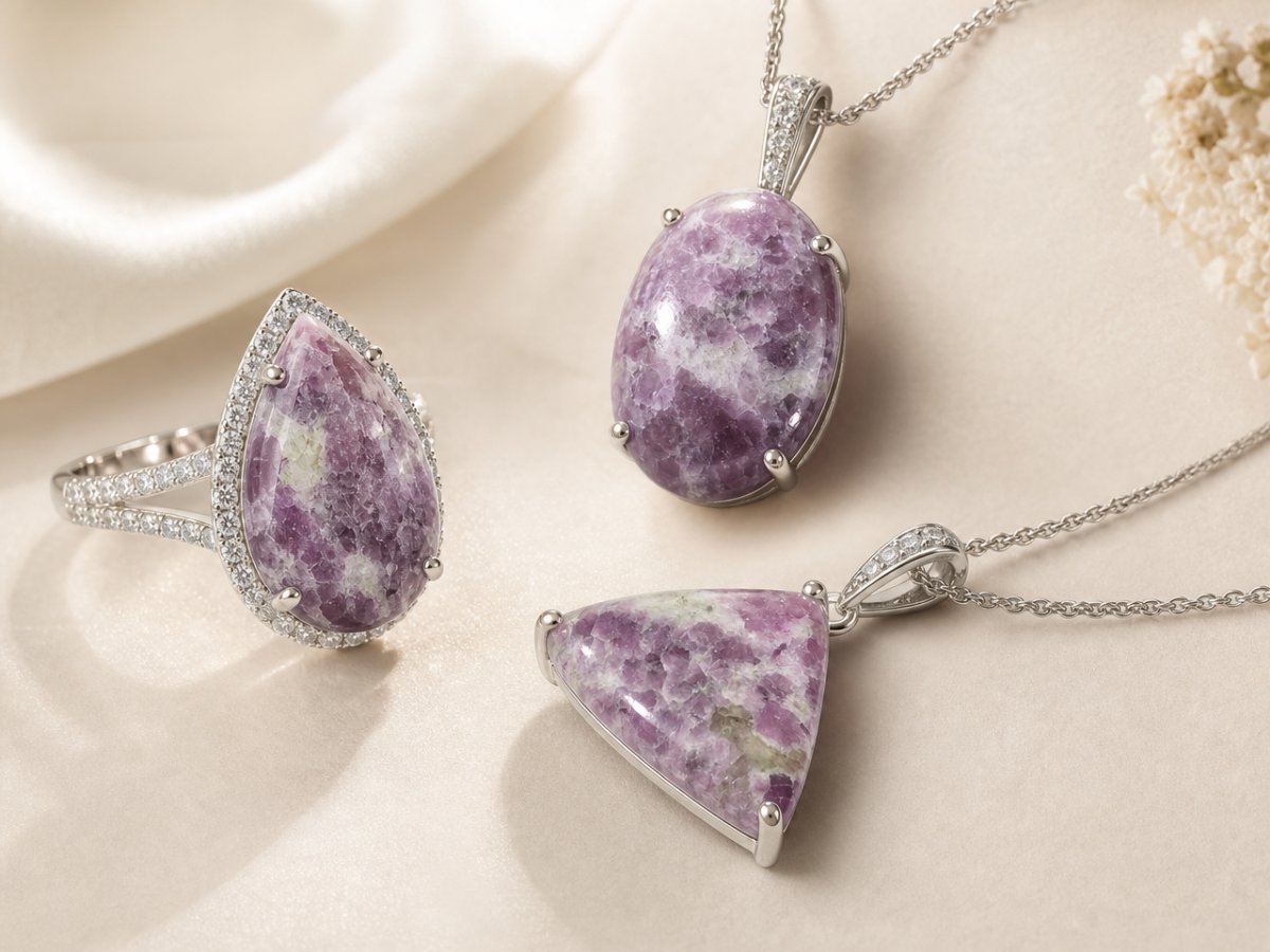 Gemme di lepidolite mostrate in gioielli