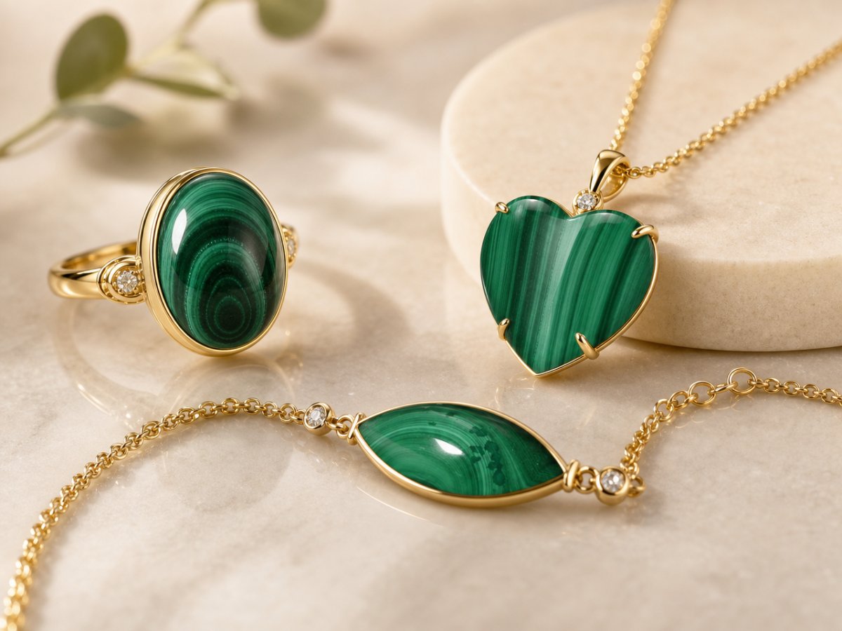 Pietre preziose di malachite incastonate in gioielli