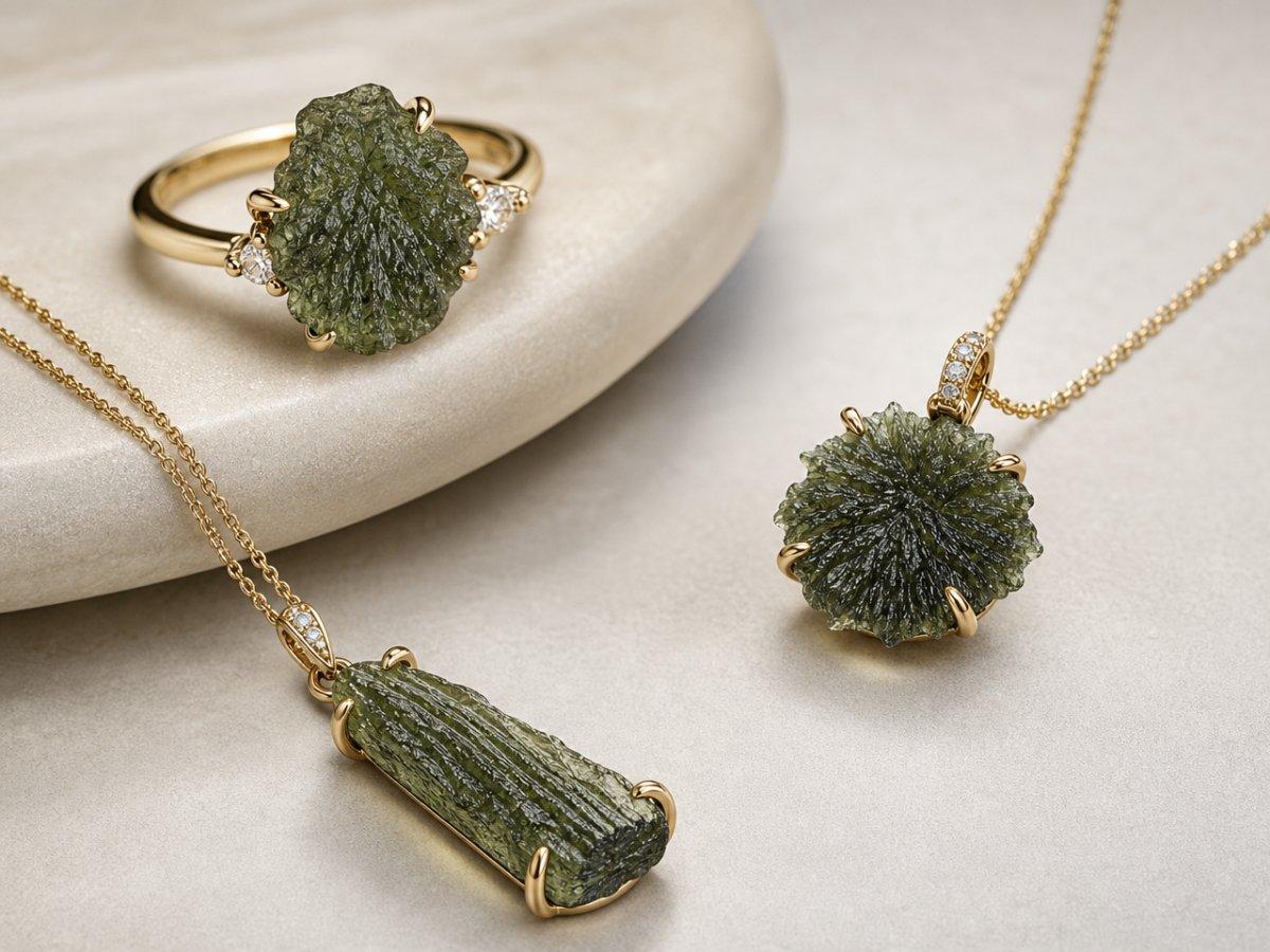 Pietre preziose di moldavite mostrate in gioielli