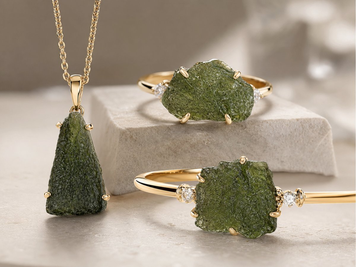Pietre preziose di moldavite mostrate in gioielli