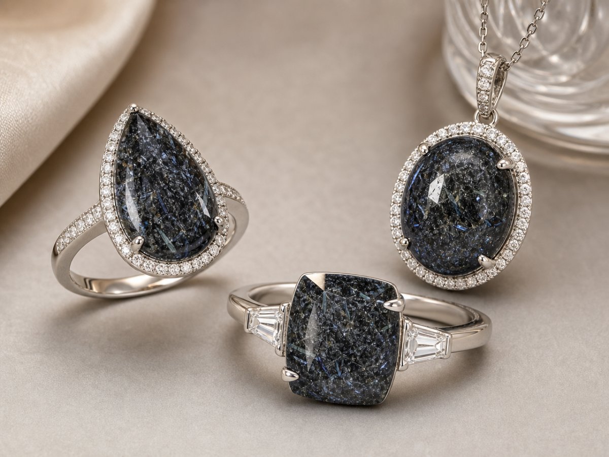 Gemme di nuummite presentate in gioielli