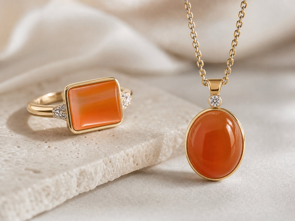 Gemme di agata arancione presentate in gioielli