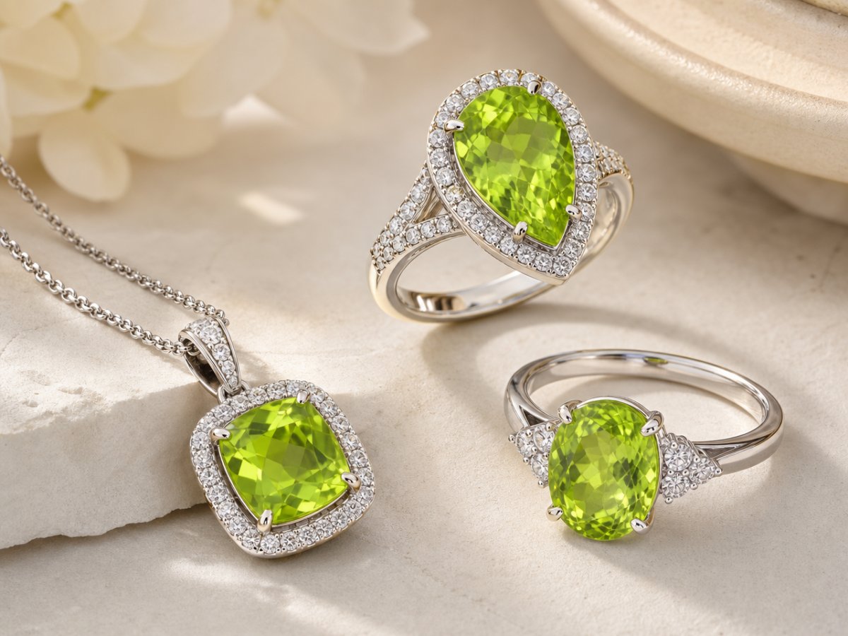 Gemme di peridoto presentate in gioielli