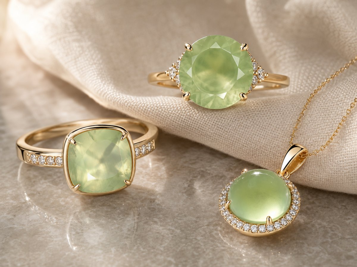 Gemme di prehnite mostrate in gioielli