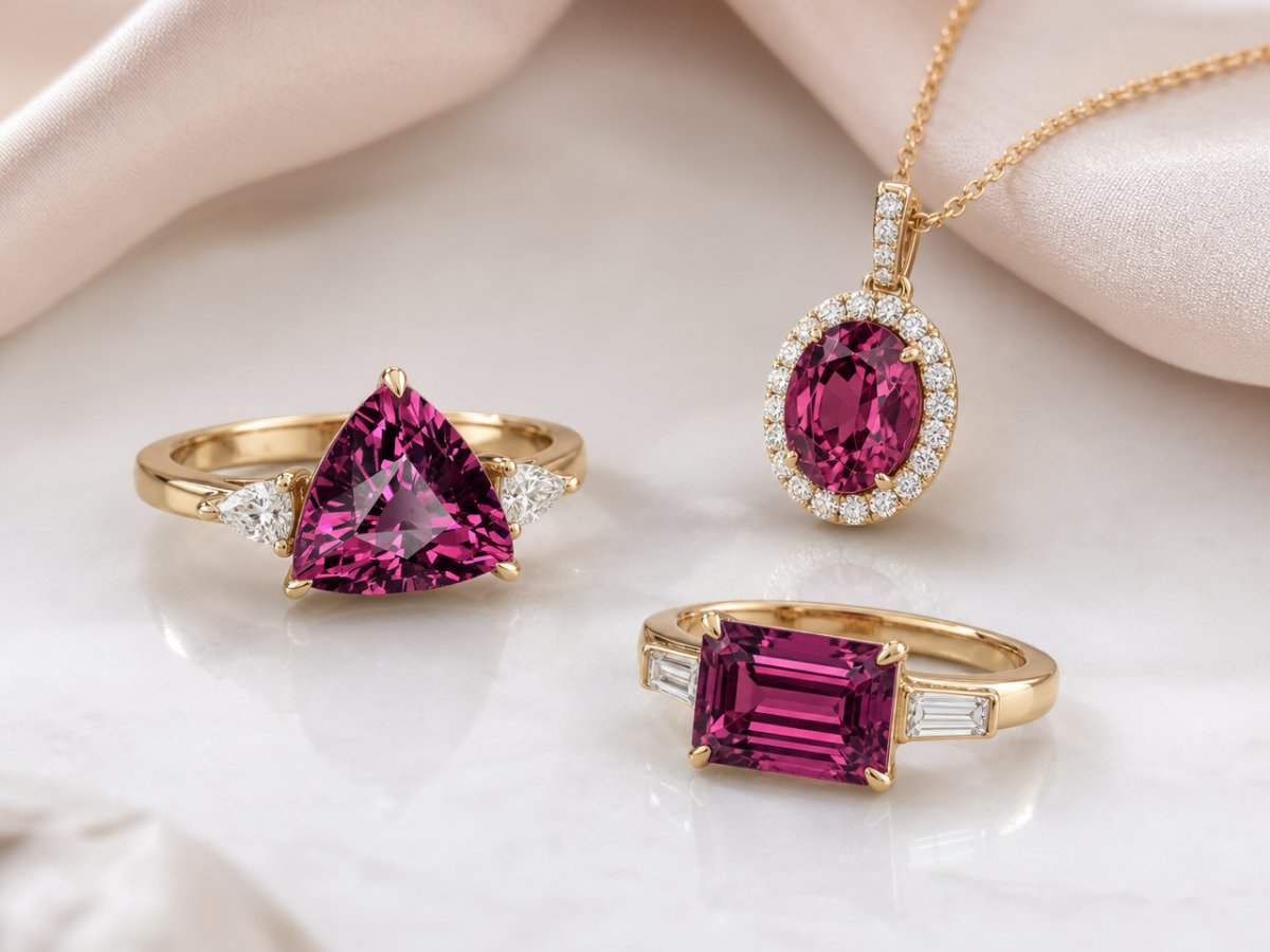 Gemme di granato rodolite mostrate in gioielli
