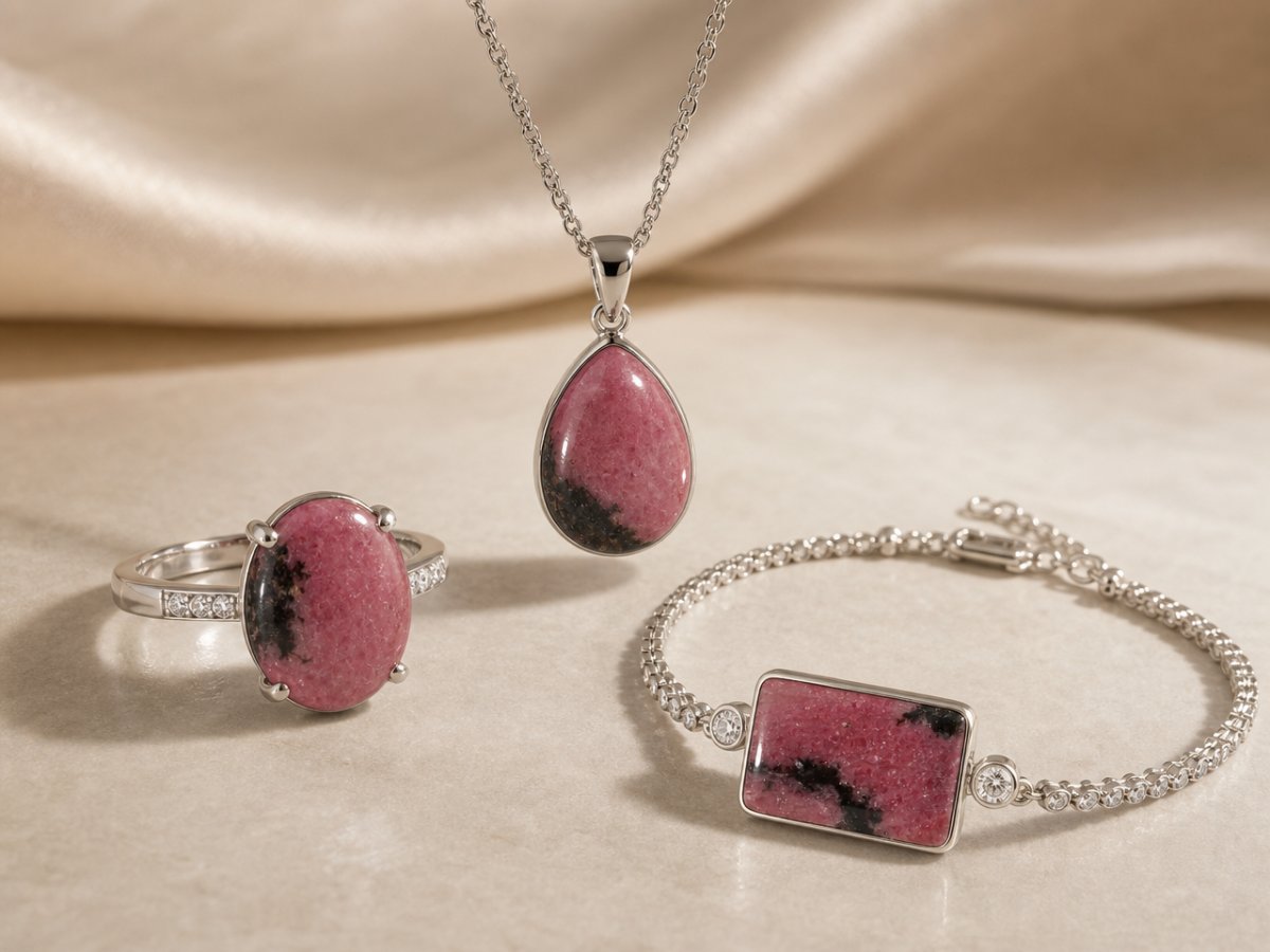 Pietre preziose di rodonite incastonate in gioielli