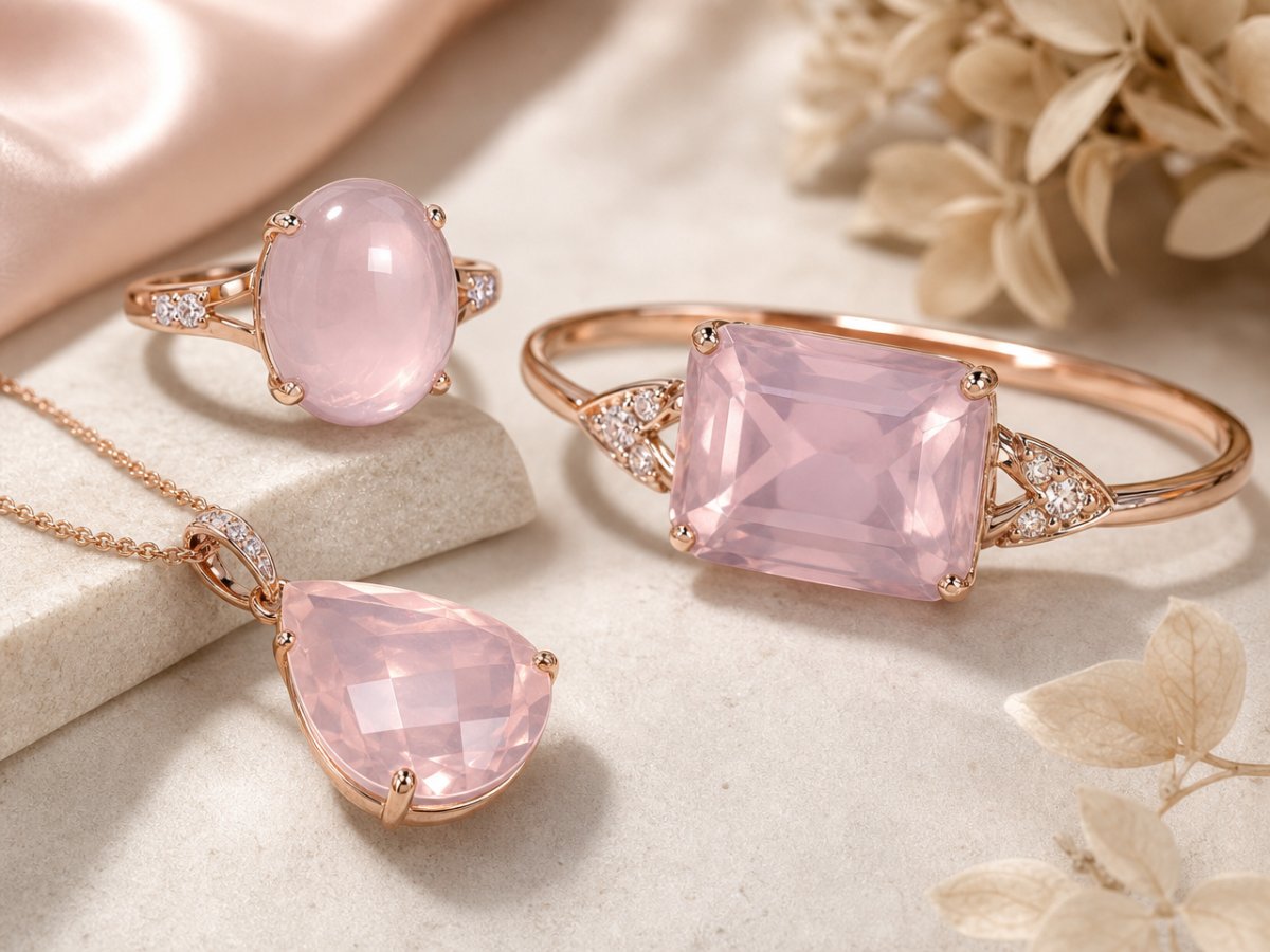Pietre preziose di quarzo rosa mostrate in gioielli