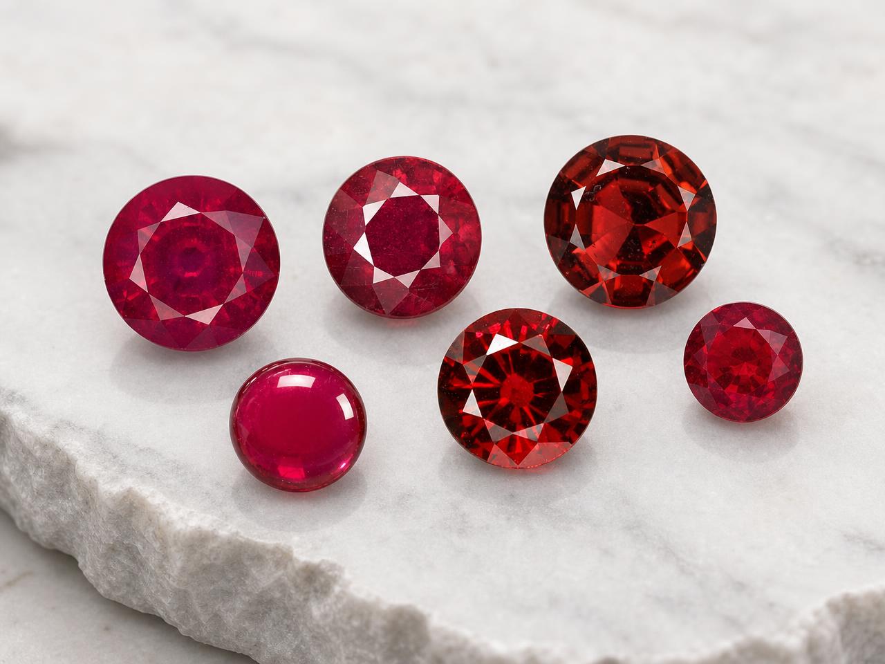 Gemme rosse rotonde sciolte in varie tonalità di rosso