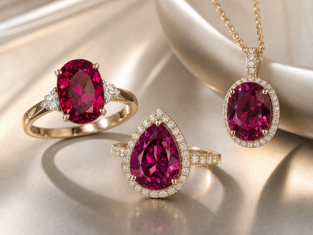 Gemme di tormalina rubellite mostrate in gioielli