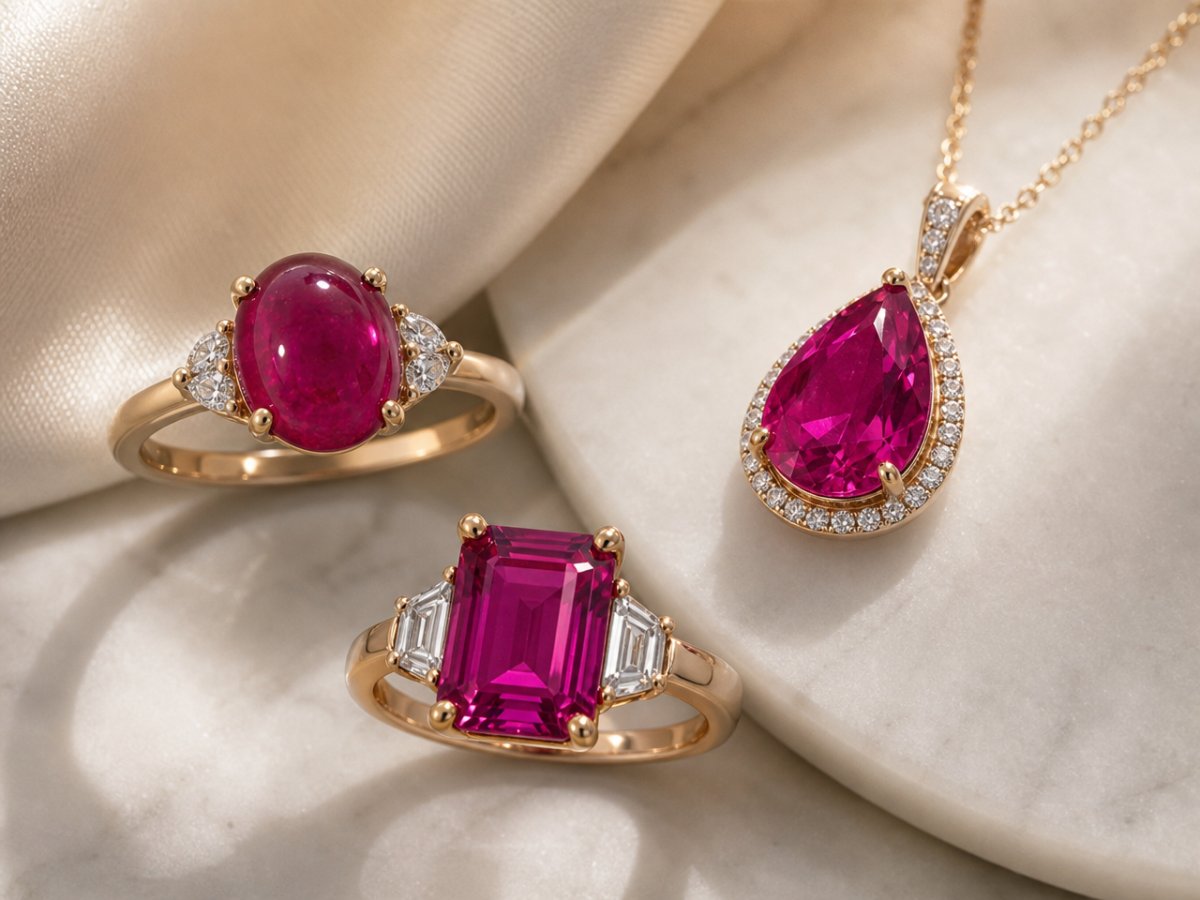Gemme di tormalina rubellite mostrate in gioielli