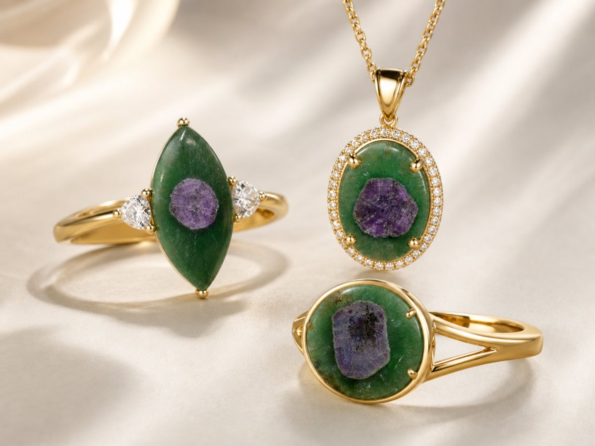 Rubino in fuchsite, gemme esposte in gioielli