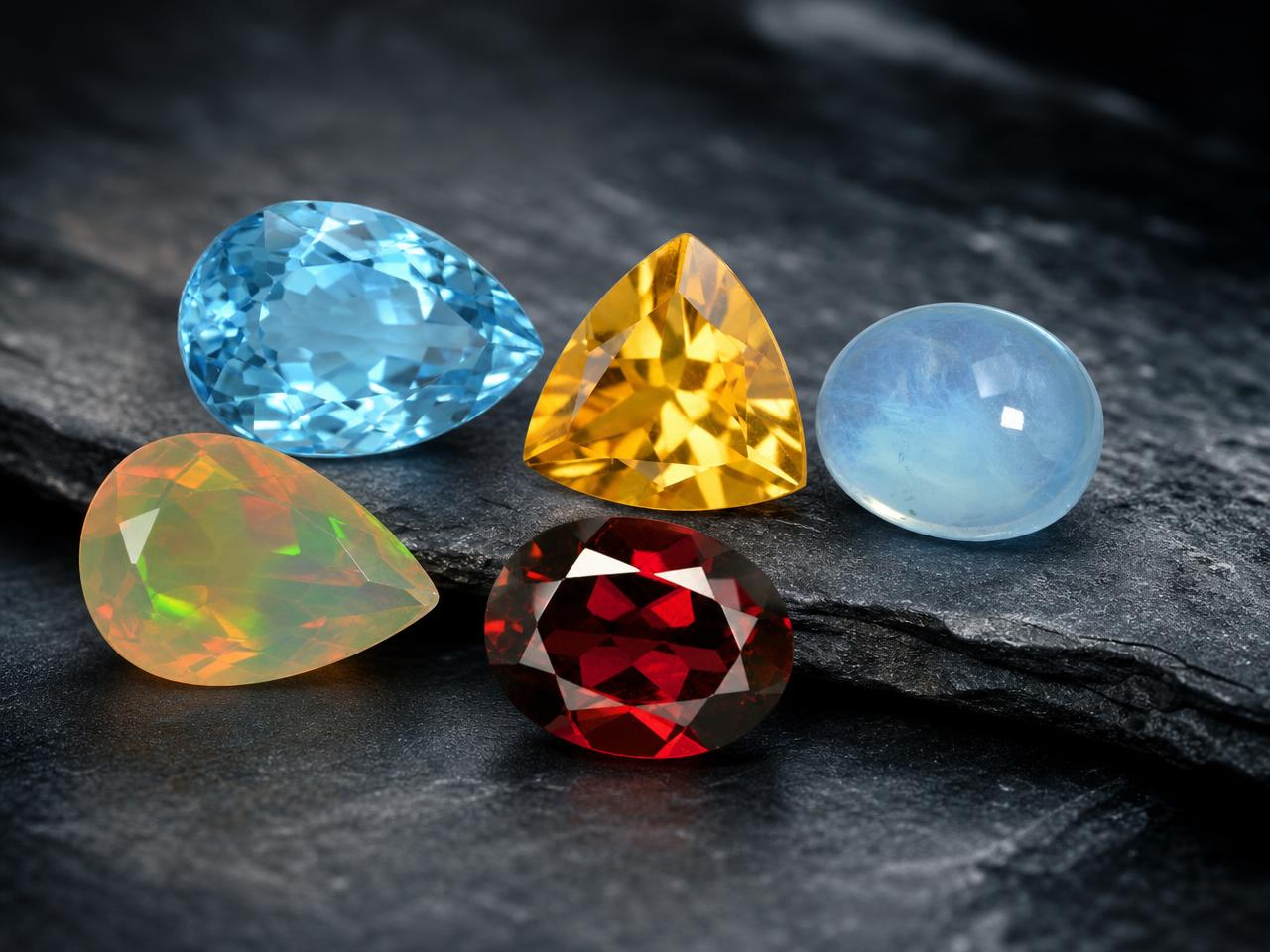 Pietre portafortuna naturali sfuse per il segno zodiacale dello Scorpione, tra cui topazio, citrino e opale.