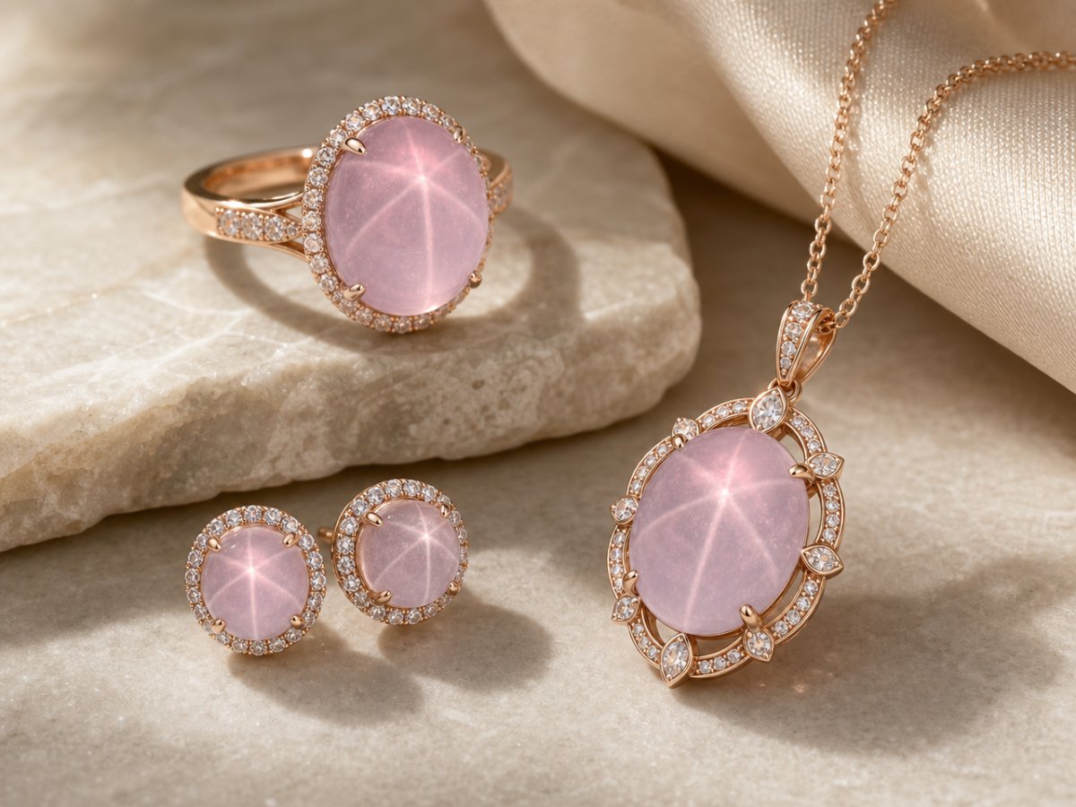 Gemme di quarzo rosa stellato mostrate in gioielli
