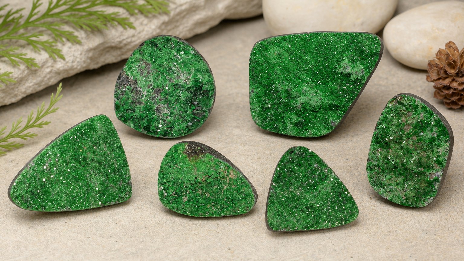 Guida all'acquisto di pietre preziose naturali di granato uvarovite e druse.