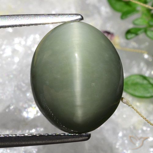 5.84ct Naturale Verde muschio grigiastro Quarzo effetto occhio di gatto, Ovale, Opaco