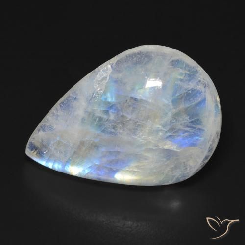 13.11ct Naturale Bianco bluastro Pietra di luna arcobaleno, Forma a pera, Trasparente